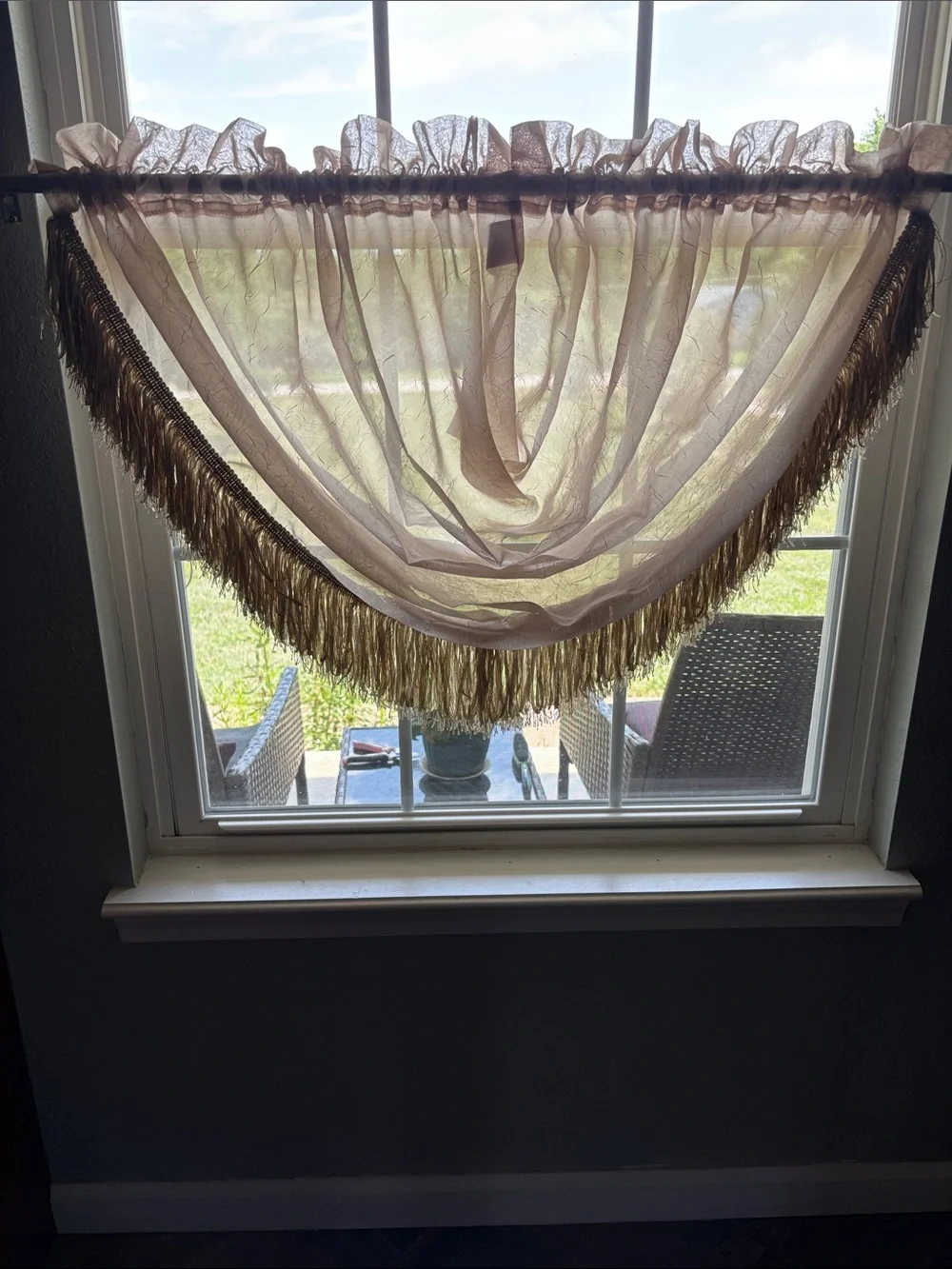 Home Collection Sheer Cream Window Swag with Gold Fringe. Set of three.